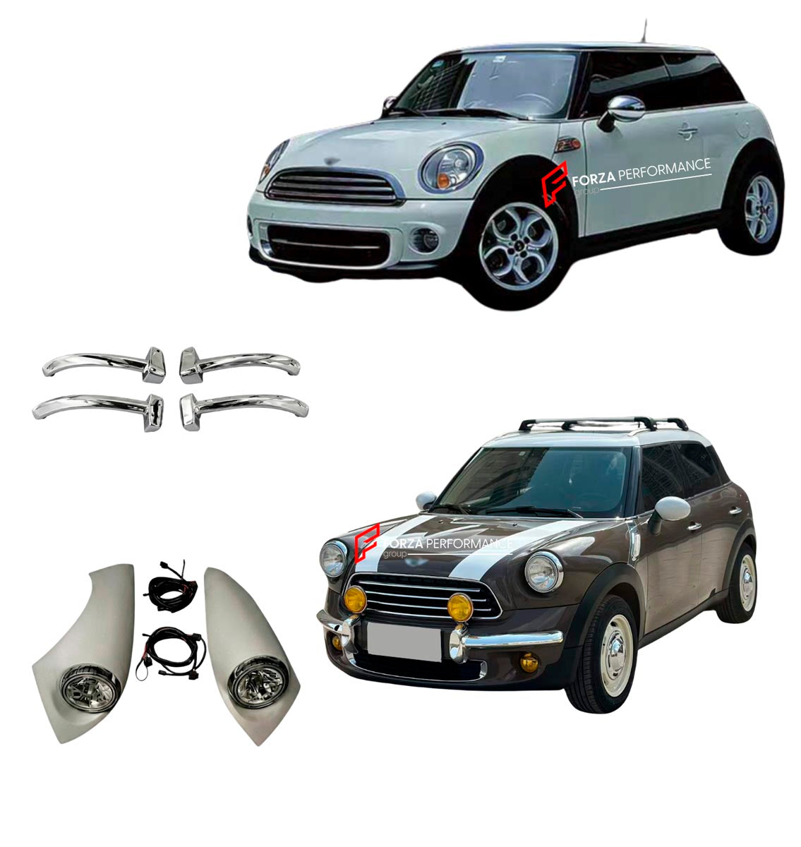 CONVERSION RETRO FRONT BUMPER for MINI COOPER R55 56 57 60 2007 - 2016
Set includes:

Front Lip
Hood Bonnet
Front Bumper Assembly
Grille Trim
Fender Flares
Material: Plastic

NOTE: Professional installation is required.