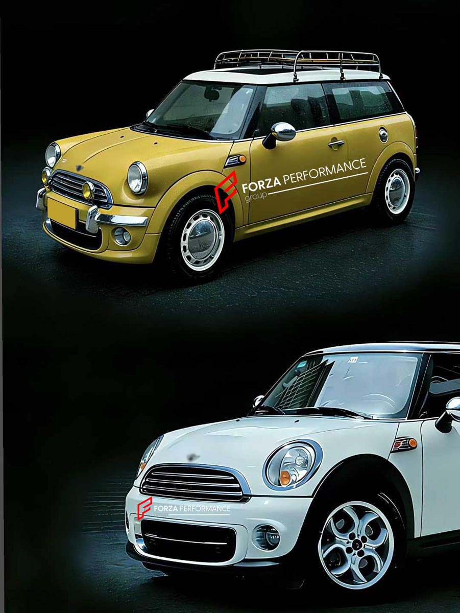 CONVERSION RETRO FRONT BUMPER for MINI COOPER R55 56 57 60 2007 - 2016
Set includes:

Front Lip
Hood Bonnet
Front Bumper Assembly
Grille Trim
Fender Flares
Material: Plastic

NOTE: Professional installation is required.