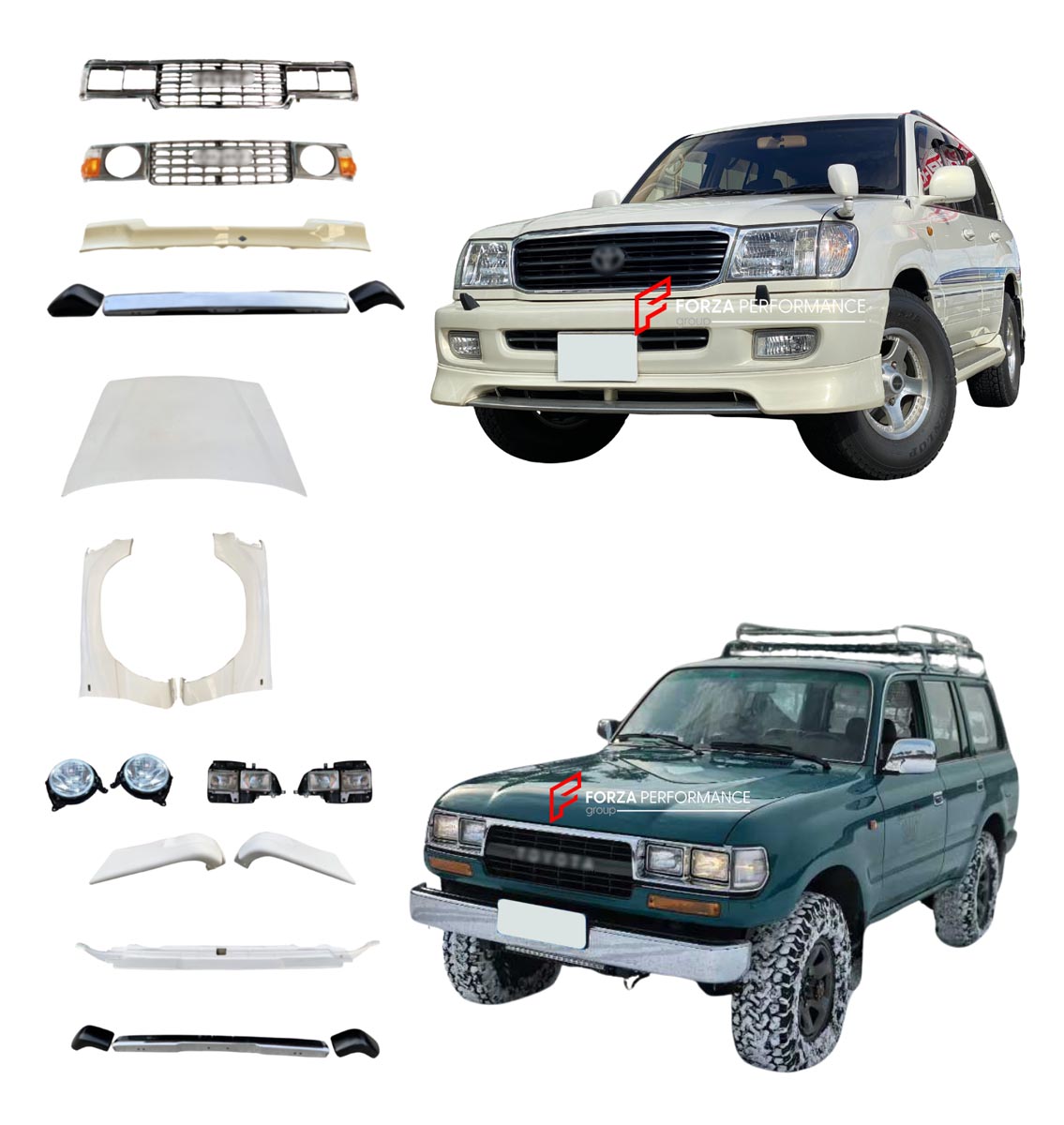 CONVERSION RETRO FRONT BUMPER for TOYOTA LAND CRUISER LC100 1998 - 2007
Set includes:

Front Lip
Front Bumper Assembly
Front Grille
Headlamps
Hood Bonnet
Front Fender Flares
Material: Plastic

NOTE: Professional installation is required.