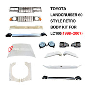 CONVERSION RETRO FRONT BUMPER for TOYOTA LAND CRUISER LC100 1998 - 2007
Set includes:

Front Lip
Front Bumper Assembly
Front Grille
Headlamps
Hood Bonnet
Front Fender Flares
Material: Plastic

NOTE: Professional installation is required.