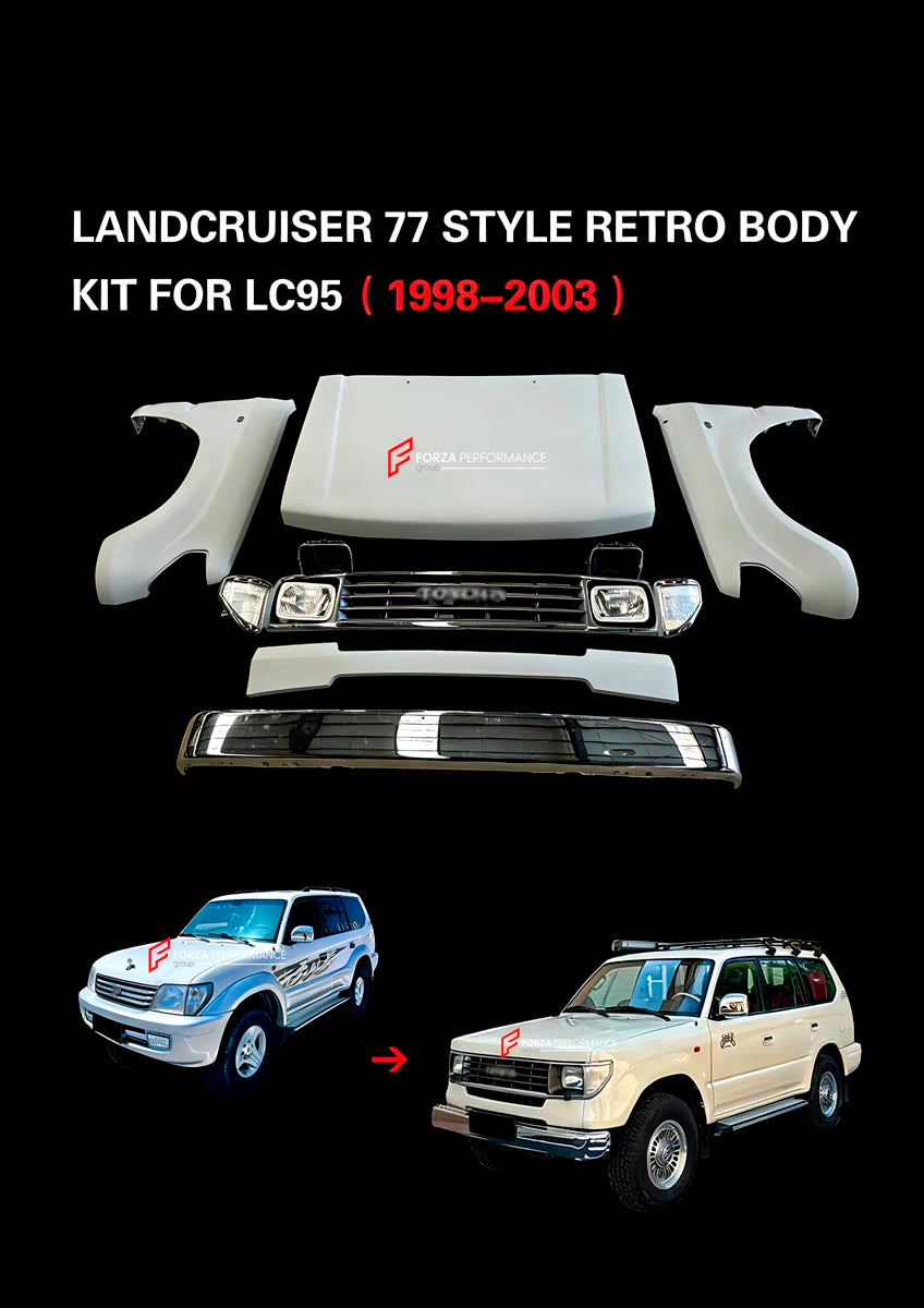 CONVERSION RETRO FRONT BUMPER for TOYOTA LAND CRUISER LC90 95 1998 - 2002
Set includes:

Front Lip
Front Bumper Assembly
Front Grille
Headlights
Hood Bonnet
Front Fenders
Material: Plastic

NOTE: Professional installation is required.