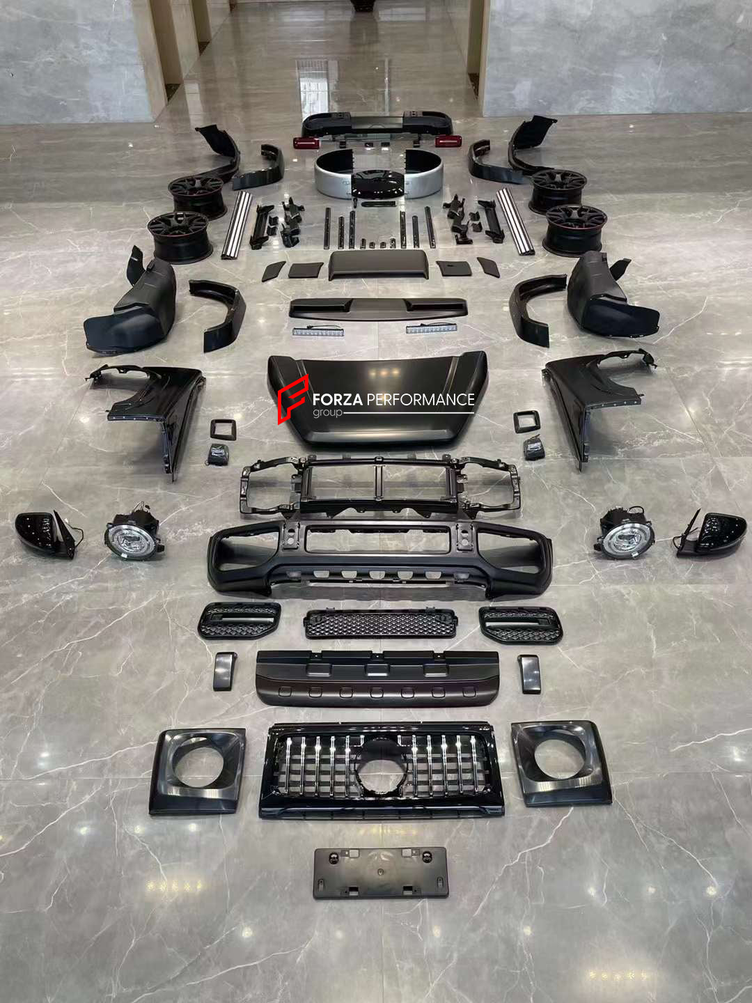 AMG G63 STYLE BODY KIT for SUZUKI JIMNY 2020+    Set includes:  Front Bumper Front Grille Hood/Bonnet Headlights Side Fenders Side Steps Spare Tire Cover Rear Bumper Rear Taillights