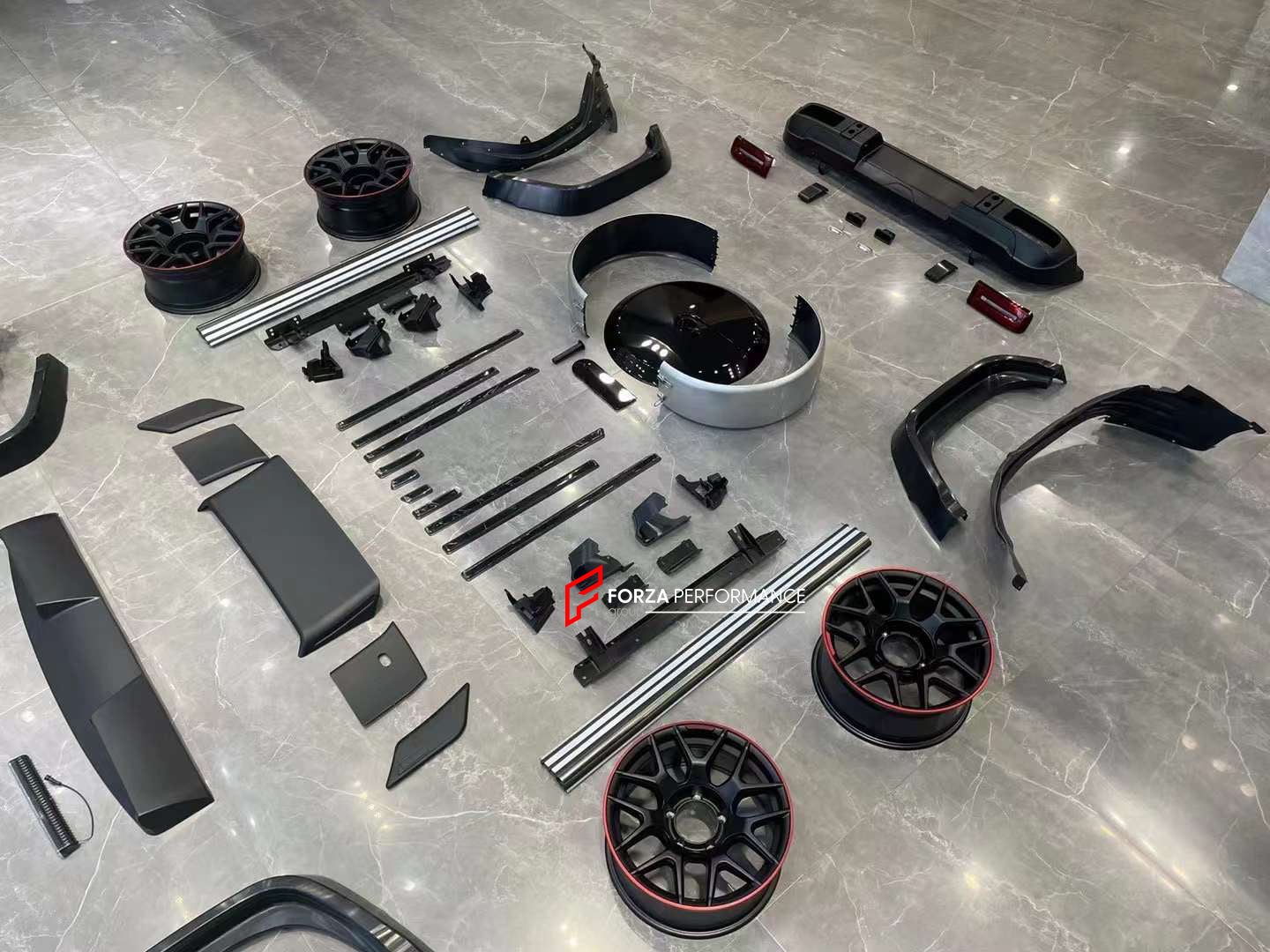 AMG G63 STYLE BODY KIT for SUZUKI JIMNY 2020+    Set includes:  Front Bumper Front Grille Hood/Bonnet Headlights Side Fenders Side Steps Spare Tire Cover Rear Bumper Rear Taillights