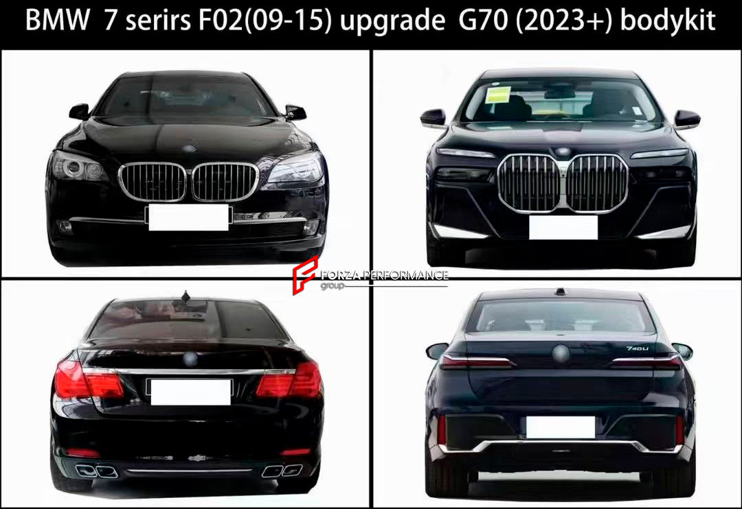 CONVERSION UPGRADE BODY KIT FOR BMW 7-SERIES F02 2008-2015 UPGRADE TO G70 2023

Set includes:

Front Bumper assembly
Front fenders
Hood/Bonnet
Rear fenders
Rear Bumper assembly
Rear tail lights
Rear Diffuser
Exhaust tips

Material: Plastic + Aluminum + Stainless steel

Note: Professional installation is required