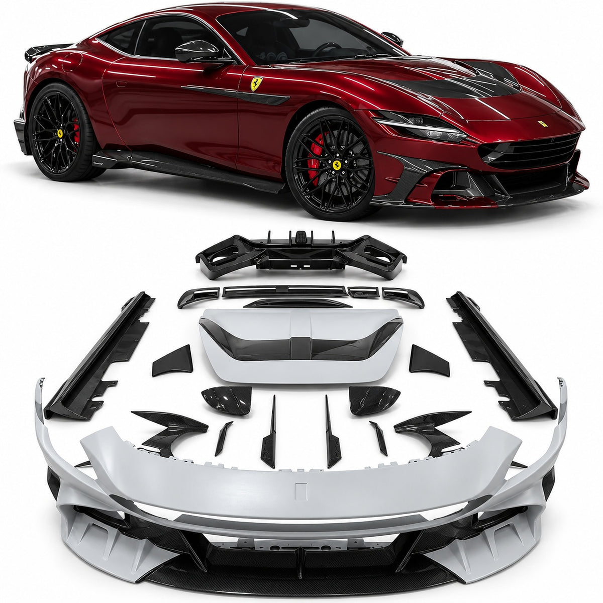 CONVERSION UPGRADE BODY KIT for FERRARI F12 BERLINETTA 2012 - 2017 upgrade to TDF

Set includes:

Front Lip
Front Bumper
Hood / Bonnet
Front Fenders
Side Skirts
Rear Spoiler
Rear Bumper
Rear Diffuser
Exhaust Tips

Material: Dry Carbon

Note: Professional installation is required.