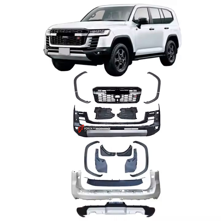 CONVERSION UPGRADE BODY KIT for LAND CRUISER 300 LC 300 2021+ upgrade to GR SPORT

Set includes:

Front Bumper
Front Grille
Headlights (Optional)
Side Fenders
Rear Bumper
Diffuser

Material: Plastic

NOTE: Professional installation is required.