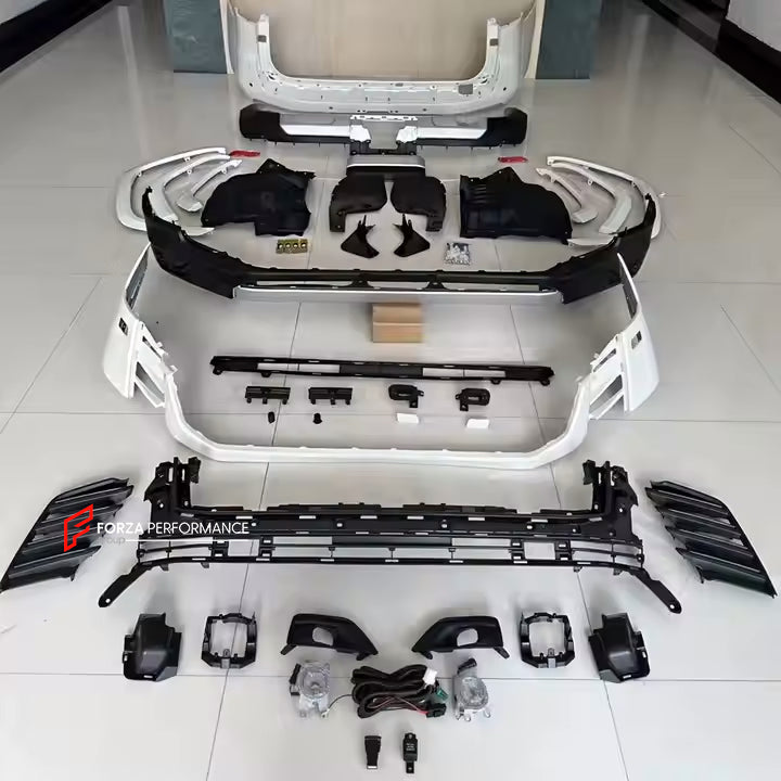 CONVERSION UPGRADE BODY KIT for LAND CRUISER 300 LC 300 2021+ upgrade to GR SPORT

Set includes:

Front Bumper
Front Grille
Headlights (Optional)
Side Fenders
Rear Bumper
Diffuser

Material: Plastic

NOTE: Professional installation is required.