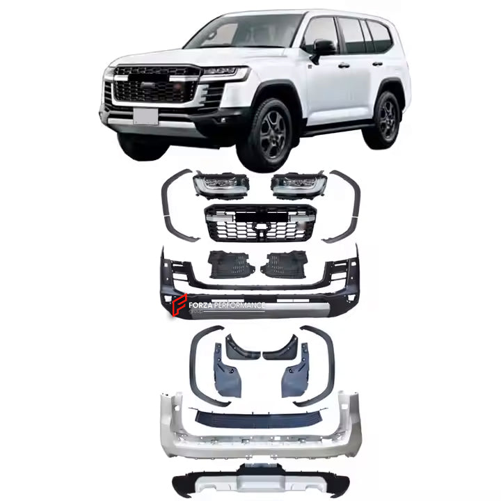 CONVERSION UPGRADE BODY KIT for LAND CRUISER 300 LC 300 2021+ upgrade to GR SPORT

Set includes:

Front Bumper
Front Grille
Headlights (Optional)
Side Fenders
Rear Bumper
Diffuser

Material: Plastic

NOTE: Professional installation is required.