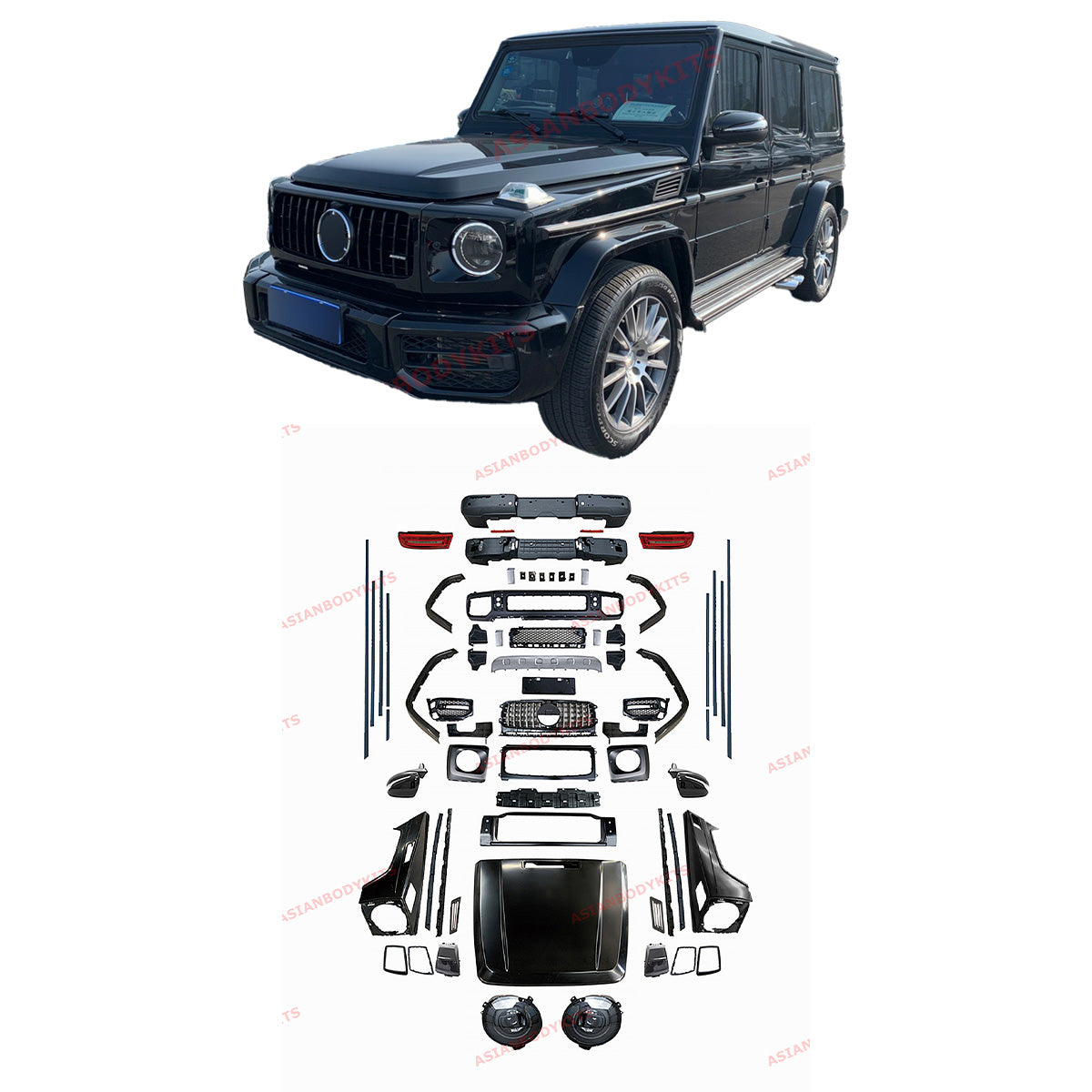 CONVERSION UPGRADE BODY KIT for MERCEDES BENZ G-CLASS W463 1990 - 2018 upgrade to W464
Set includes:
Front Bumper
Front Grille
Hood / Bonnet
Headlights
Headlight Covers
Front Fenders
Fender Flares
Side Mirrors
Side Trims
Rear Bumper
Tail Lights
Material: Plastic, Aluminium