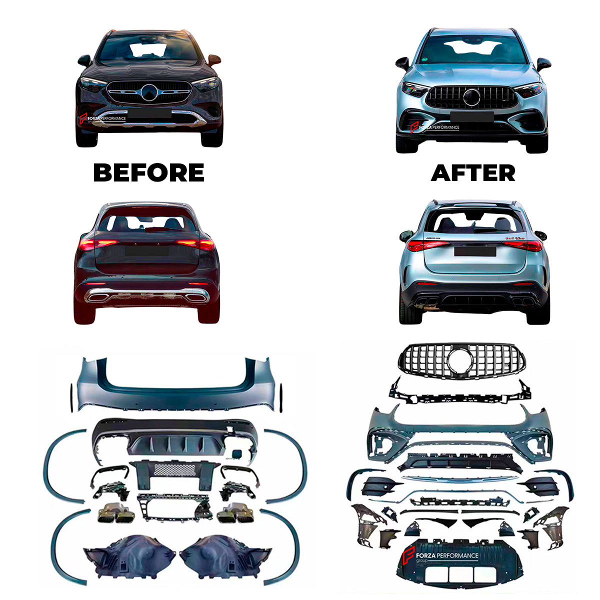 CONVERSION UPGRADE BODY KIT for MERCEDES-BENZ GLC-CLASS X254 2022+ to GLC63S


Set includes:&nbsp;

Front Lip
Front Bumper Assembly
Fender Flares
Rear Bumper
Rear Diffuser
Exhaust Tips

NOTE: Professional installation is required.