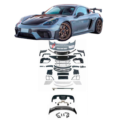 CONVERSION UPGRADE BODY KIT for PORSCHE 718 982 CAYMAN BOXSTER 2016+ upgrade to GT4RS

Set includes:

Front Lip
Front Bumper Assembly
Rear Spoiler
Rear Diffuser

Material: Carbon Fiber with Plastic

NOTE: Professional installation is required.

Contact us for pricing