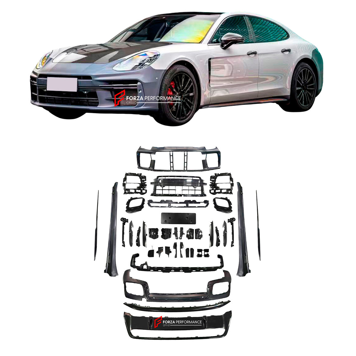 CONVERSION UPGRADE BODY KIT for PORSCHE PANAMERA 971 2016 - 2024 upgrade to 976 2024+

Set includes:

Front Bumper Assembly

Side Skirts

Rear Bumper
Rear Diffuser


Material: Plastic