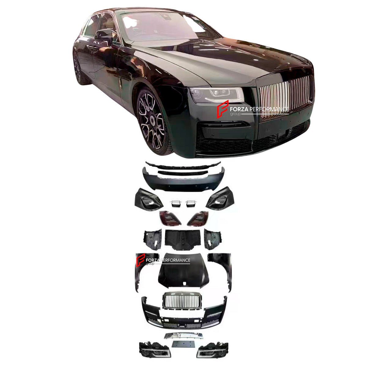 CONVERSION UPGRADE BODY KIT for ROLLS-ROYCE GHOST 1 2009 - 2014 upgrade to GHOST 4 2025+

Set includes:

Front Bumper Assembly
Front Grille
Headlights
Hood / Bonnet
Front Fenders
Tail Lights
Rear Bumper
Exhaust Tips

Material: Platic, Aluminium

NOTE: Professional installation is required