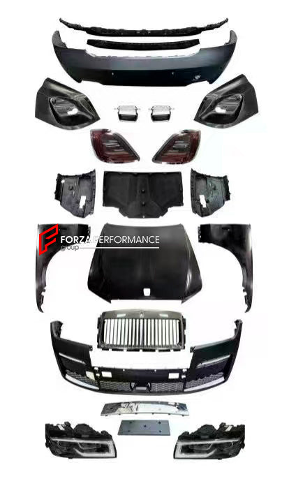 CONVERSION UPGRADE BODY KIT for ROLLS-ROYCE GHOST 1 2009 - 2014 upgrade to GHOST 4 2025+

Set includes:

Front Bumper Assembly
Front Grille
Headlights
Hood / Bonnet
Front Fenders
Tail Lights
Rear Bumper
Exhaust Tips

Material: Platic, Aluminium

NOTE: Professional installation is required