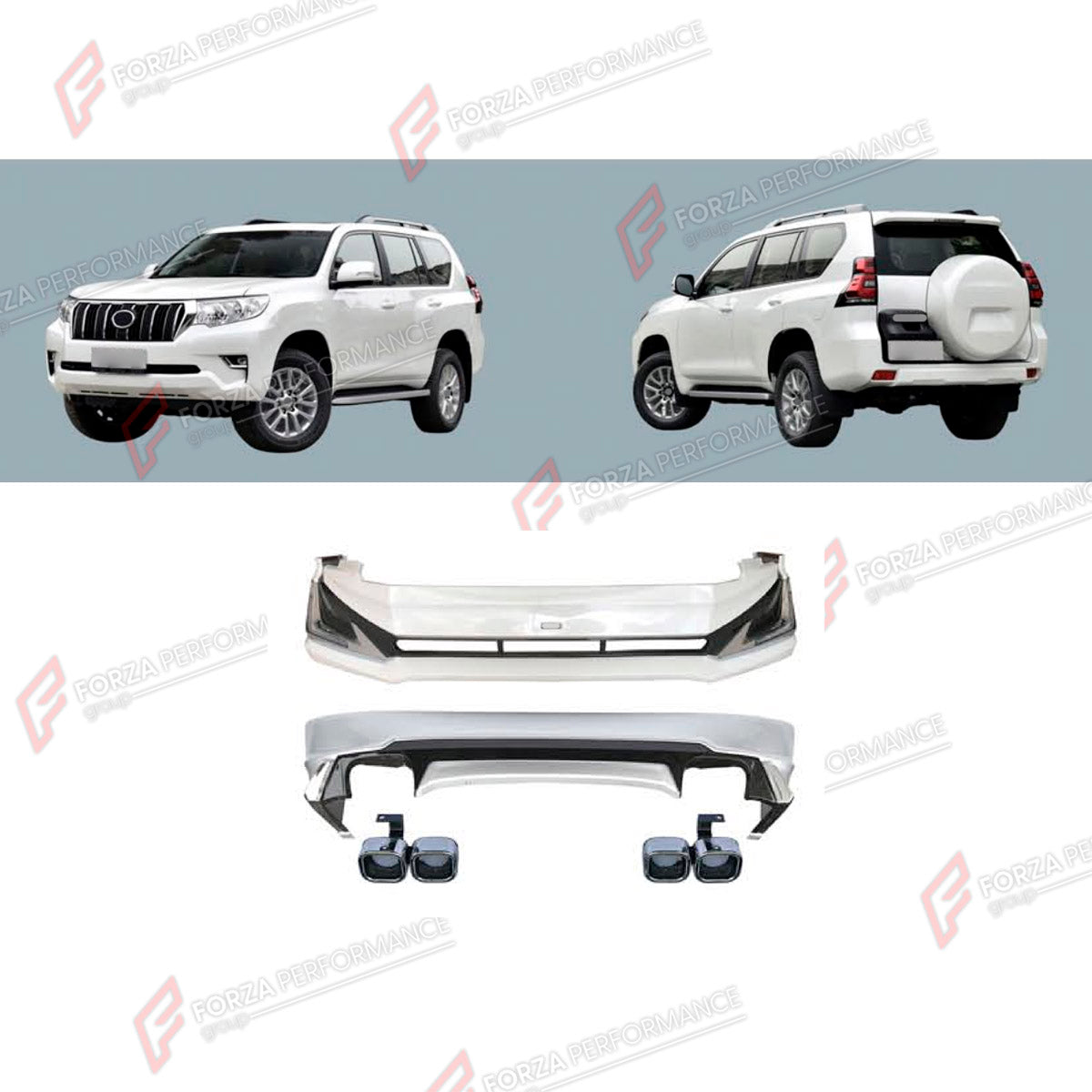 CONVERSION UPGRADE BODY KIT for TOYOTA LAND CRUISER PRADO 150 FACELIFT 2017 - 2024 FORZA PERFORMANCE custom fit Luxury Style
Set includes:

Front Bumper Assembly
Rear Bumper Assembly
Exhaust Tips
Material: Plastic

NOTE: Professional installation is required.