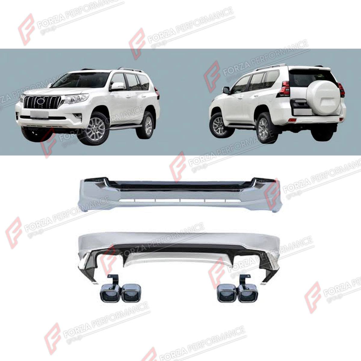 CONVERSION UPGRADE BODY KIT for TOYOTA LAND CRUISER PRADO 150 FACELIFT 2017 - 2024 FORZA PERFORMANCE custom fit GT Style
Set includes:

Front Bumper Assembly
Rear Bumper Assembly
Exhaust Tips
Material: Plastic

NOTE: Professional installation is required.