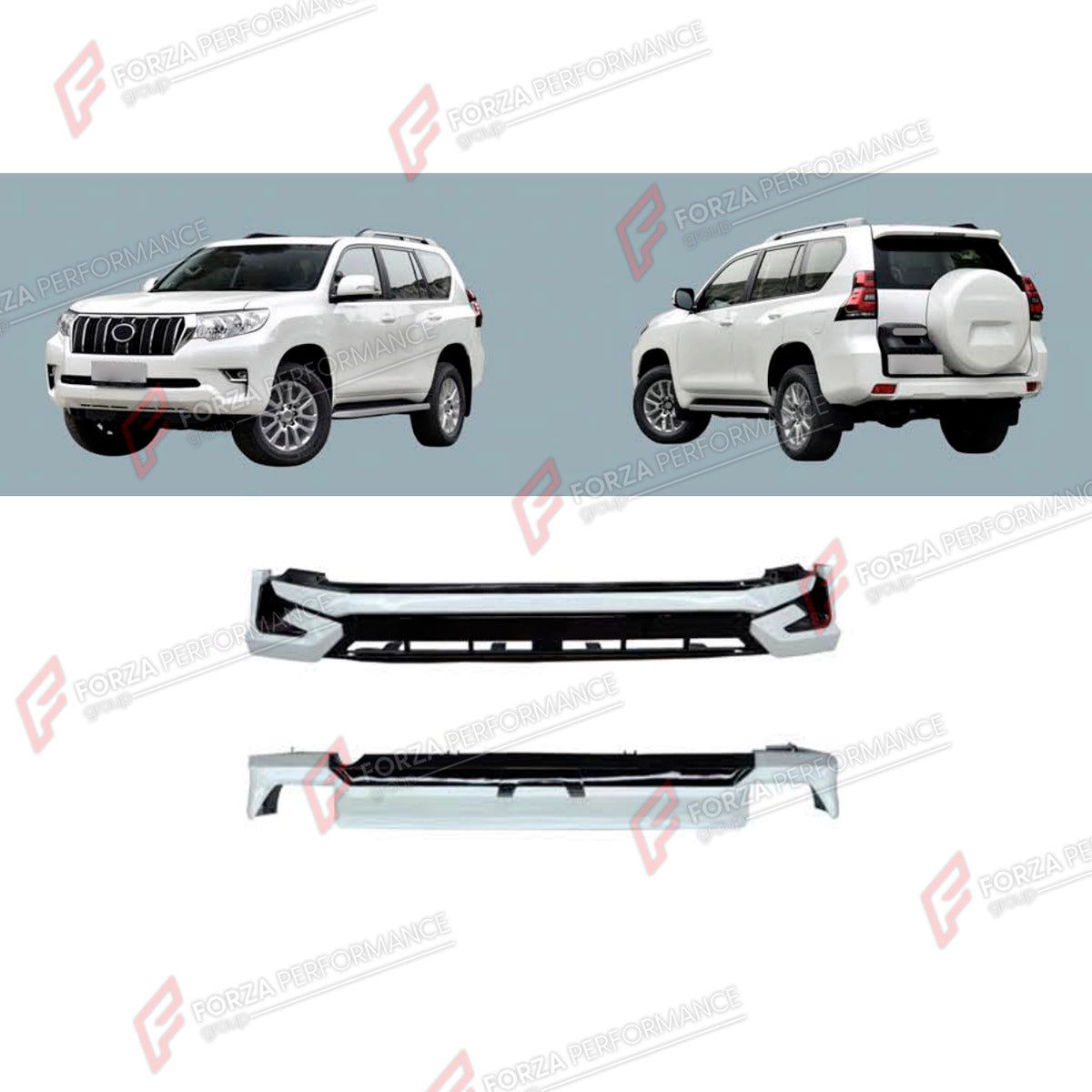 CONVERSION UPGRADE BODY KIT for TOYOTA LAND CRUISER PRADO 150 FACELIFT 2017 - 2024

Set includes:
Front Bumper Assembly
Rear Bumper Assembly

Material: Plastic

NOTE: Professional installation is required.