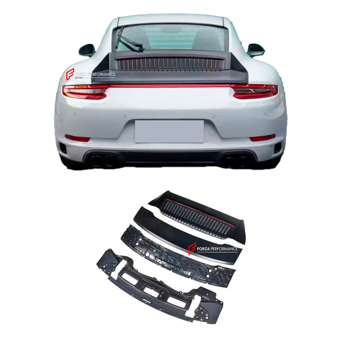 CONVERSION UPGRADE ENGINE DECLID WITH DUCK TAIL SPOILER for PORSCHE 911 991.1 CARRERA 2011 - 2017 upgrade to 991.2 2015 - 2020

Set includes:

Engine Declid with Brake Light
Engine Cover
Rear Duck Spoiler

Material: Plastic

Note: Professional installation is required

CONTACT US FOR PRICING