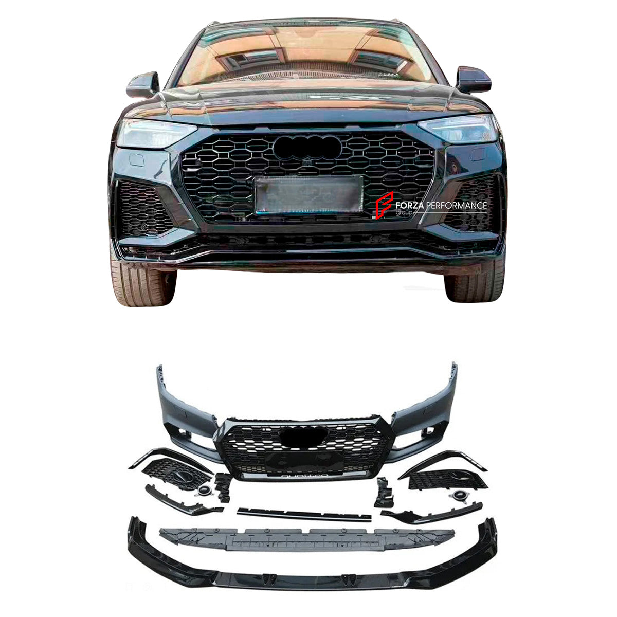 CONVERSION UPGRADE FRONT BUMPER KIT for AUDI Q5 FY FACELIFT 2020 - 2025 upgrade to RS DESIGN

Set includes:

Front Lip
Front Bumper Assembly

Front Grille

Material: Plastic