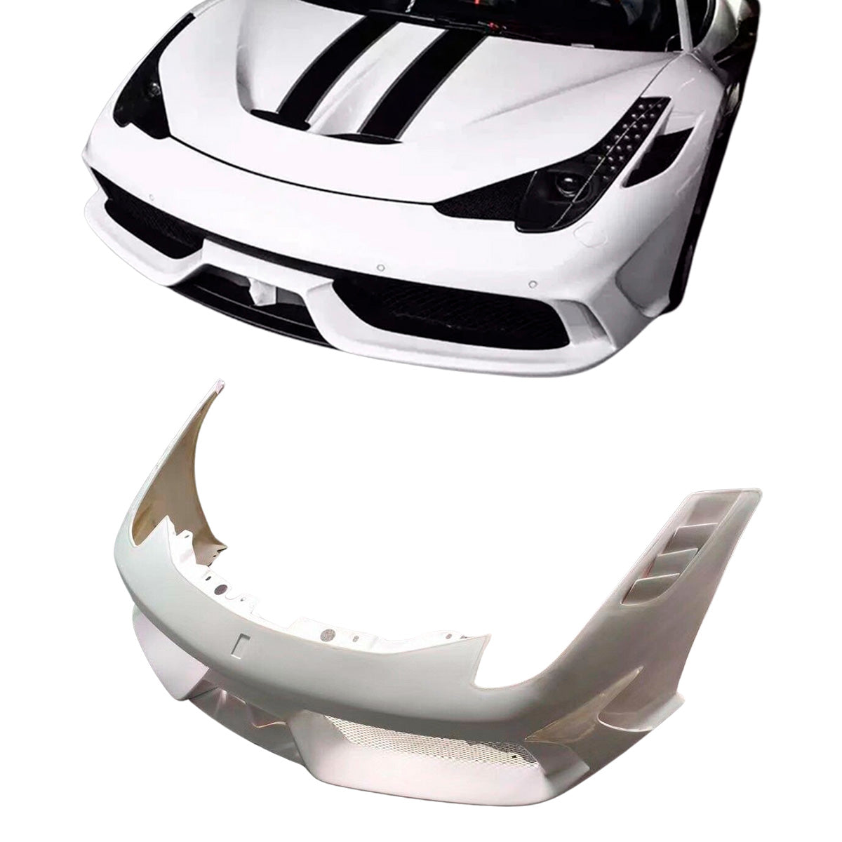 CONVERSION UPGRADE FRONT BUMPER WITH HOOD BONNET for FERRARI 458 2009 - 2015 upgrade to SPECIALE
Set include:
Front Bumper 
Hood / Bonnet

Material: Fiberglass

NOTE: Professional installation is required.

CONTACT US FOR PRICING
