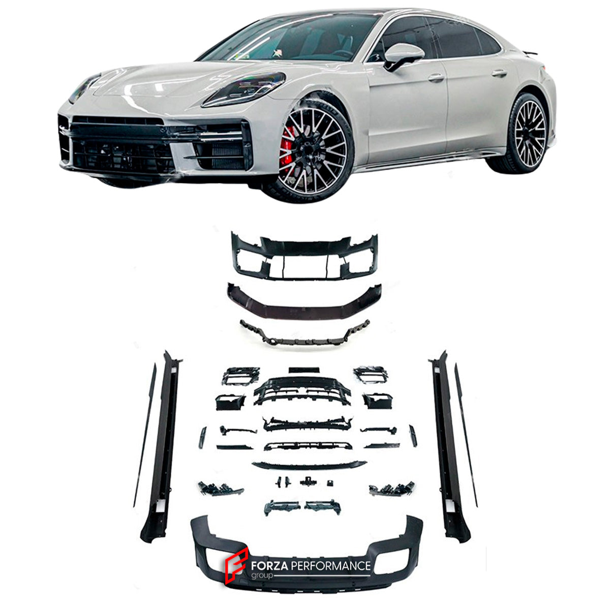 CONVERSION BODY KIT for PORSCHE PANAMERA S 4S 4E HYBRID 976 UPGRADE to PORSCHE PANAMERA 976 GTS FACELIFT

Set includes:

Front Bumper Assembly
Front DRL Lights
Grille
Side Skirts
Rear Diffuser
Exhaust Tips

Material: Plastic PP

Note: Professional installation is required.