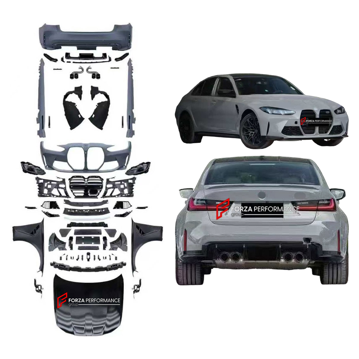 CONVERSION WIDE BODY KIT for BMW 3 SERIES G20 G28 LCI 2022 - 2024 UPGRADE to M3 G80 2020 - 2022 FORZA PERFORMANCE custom fit M3 Style

Set includes:
Front Bumper Assembly
Headlights
Hood Bonnet
Front Fenders
Side Skirts
Rear Bumper Assembly
Rear Diffuser
Exhaust Tips

Material: Plastic

NOTE: Professional installation is required.
