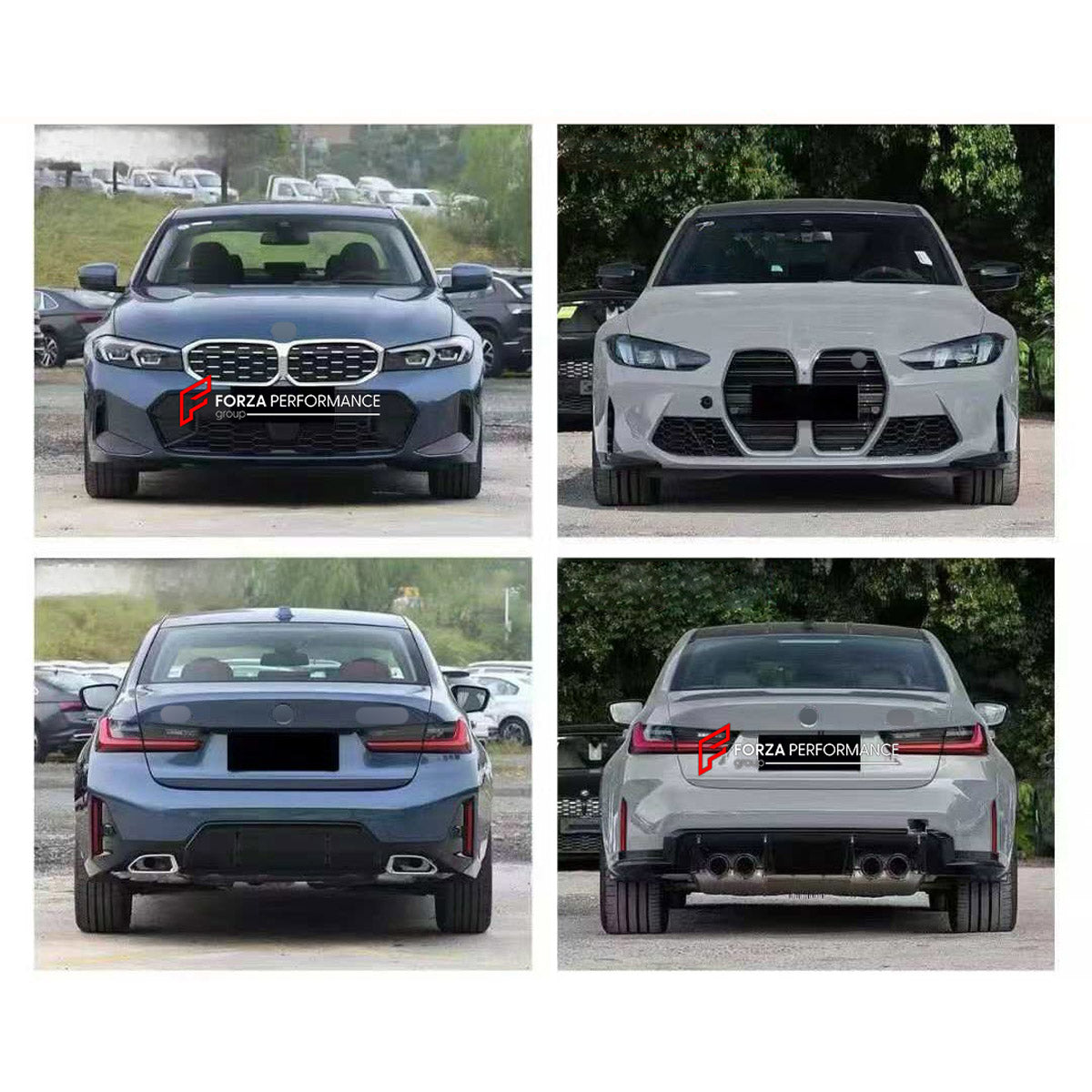 CONVERSION WIDE BODY KIT for BMW 3 SERIES G20 G28 LCI 2022 - 2024 UPGRADE to M3 G80 2020 - 2022 FORZA PERFORMANCE custom fit M3 Style

Set includes:
Front Bumper Assembly
Headlights
Hood Bonnet
Front Fenders
Side Skirts
Rear Bumper Assembly
Rear Diffuser
Exhaust Tips

Material: Plastic

NOTE: Professional installation is required.