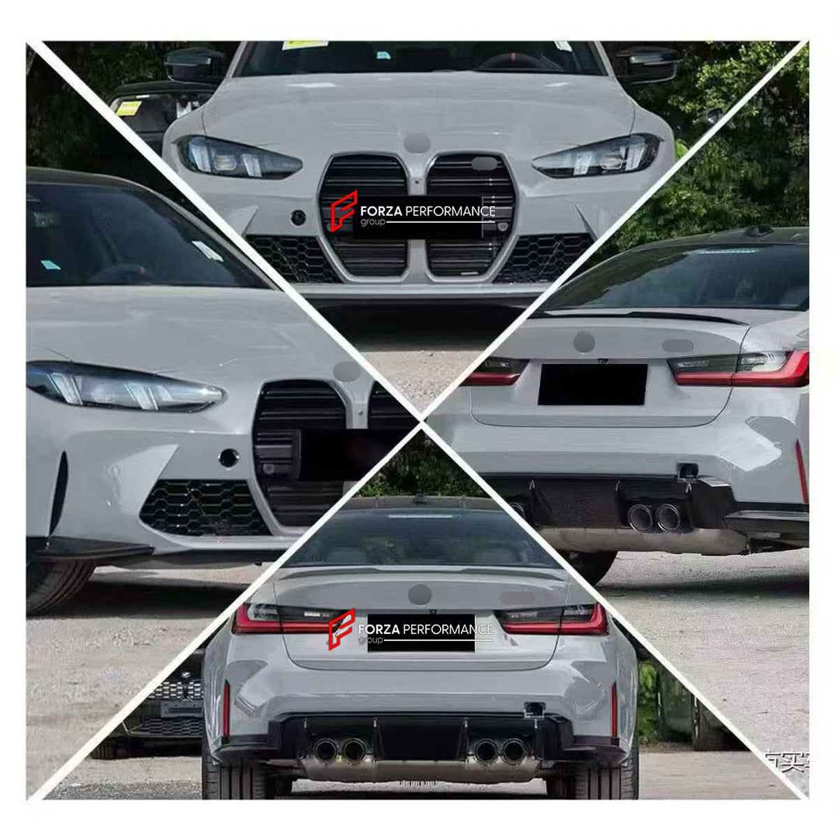 CONVERSION WIDE BODY KIT for BMW 3 SERIES G20 G28 LCI 2022 - 2024 UPGRADE to M3 G80 2020 - 2022 FORZA PERFORMANCE custom fit M3 Style

Set includes:
Front Bumper Assembly
Headlights
Hood Bonnet
Front Fenders
Side Skirts
Rear Bumper Assembly
Rear Diffuser
Exhaust Tips

Material: Plastic

NOTE: Professional installation is required.
