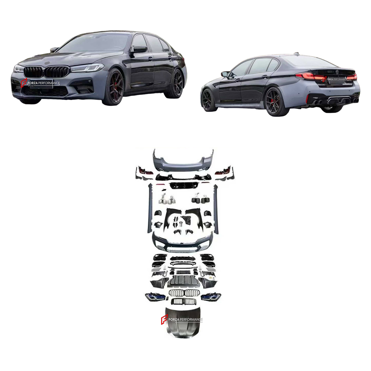 CONVERSION WIDE BODY KIT for BMW 5 SERIES G30 G38 2016 - 2020 UPGRADE to M5 F90 LCI 2020 - 2023

Set includes:
Front Bumper Assembly
Front Grille
Headlights
Hood Bonnet
Front Fenders
Side Skirts
Tail Lights
Rear Bumper Assembly
Rear Diffuser
Exhaust Tips

Material: Plastic

NOTE: Professional installation is required.