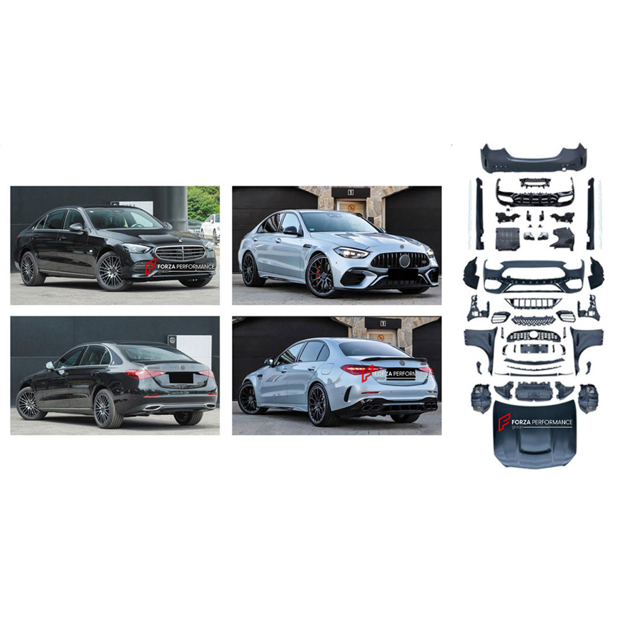 CONVERSION WIDE BODY KIT for MERCEDES-BENZ C-CLASS W206 2021+ UPGRADE to C-CLASS AMG W206 C63S 2024+ FORZA PERFORMANCE custom fit Wide C63S AMG Style

Set includes:
Front Lip
Front Bumper Assembly
Front Grille
Hood Bonnet
Fenders
Side Skirts
Rear Bumper Assembly
Rear Diffuser
Exhaust Tips

Material: Plastic

NOTE: Professional installation is required.