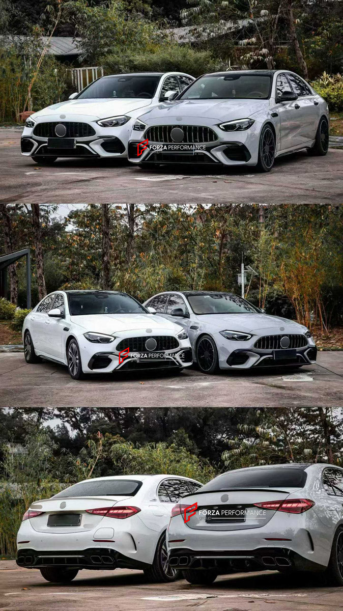 CONVERSION WIDE BODY KIT for MERCEDES-BENZ C-CLASS W206 2021+ UPGRADE to C63 AMG W206 2022+ FORZA PERFORMANCE custom fit C63 AMG Style

Set includes:
Front Bumper Assembly
Front Grille
Hood Bonnet
Front Fenders
Side Skirts
Rear Bumper Fins
Rear Diffuser
Exhaust Tips

Material: Plastic

NOTE: Professional installation is required.