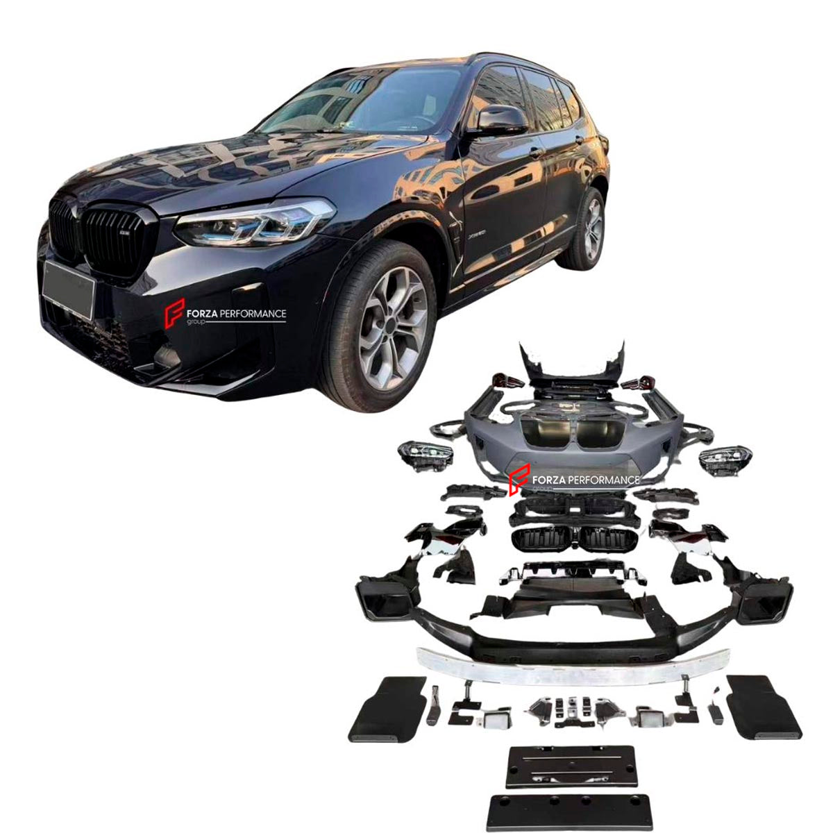 CONVERSION UPGRADE FACELIFT OLD TO NEW BODY KIT for BMW X3 F25 2011 - 2017 to X3M F97 LCI
Set includes:

Front Bumper
Grille
Headlights
Hood
Front Fenders
Fender Flares
Side Skirts
Tail Lights
Rear Bumper
Rear Diffuser
Exhaust Tips
Material: Plastic

NOTE: Professional installation is required.