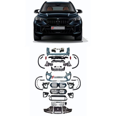 CONVERSION BODY KIT for BMW X5 G05 2018 - 2023 to X5M F95 LCI 2023+  Set includes:  Front Bumper Assembly Headlights Fender Flares Rear Bumper Assembly Tail Lights Exhaust Tips
