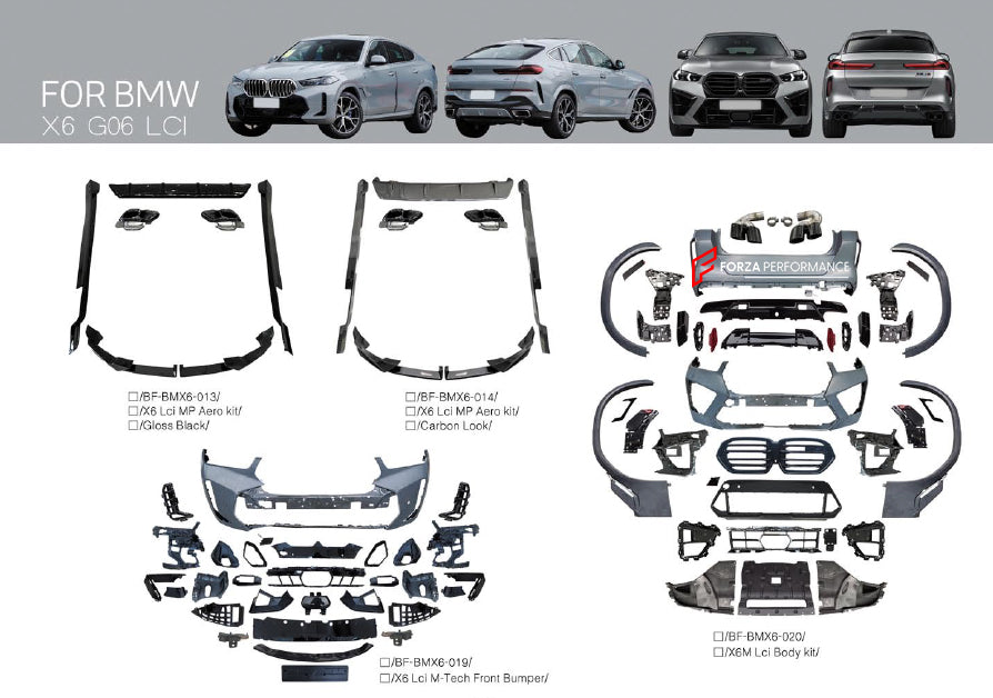 CONVERSION BODY KIT for BMW X6 G06 LCI 2023+ to X6M F96 LCI 2023+  Set includes:  Front Bumper Assembly Side Fender Flares Rear Bumper Assembly Exhaust Tips