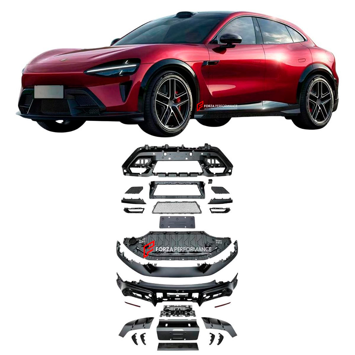 CONVERSION UPGRADE FACELIFT OLD TO NEW BODY KIT for XIAOMI YU7 2025+ to YU7 GT
Set includes:

Front Lip
Front Skid Plate
Front Grille
License Plate
Front Air Intake Trims
Front Bumper Assembly
Rear Bumper Assembly
Rear Diffuser
Material: Plastic

NOTE: Professional installation is required.