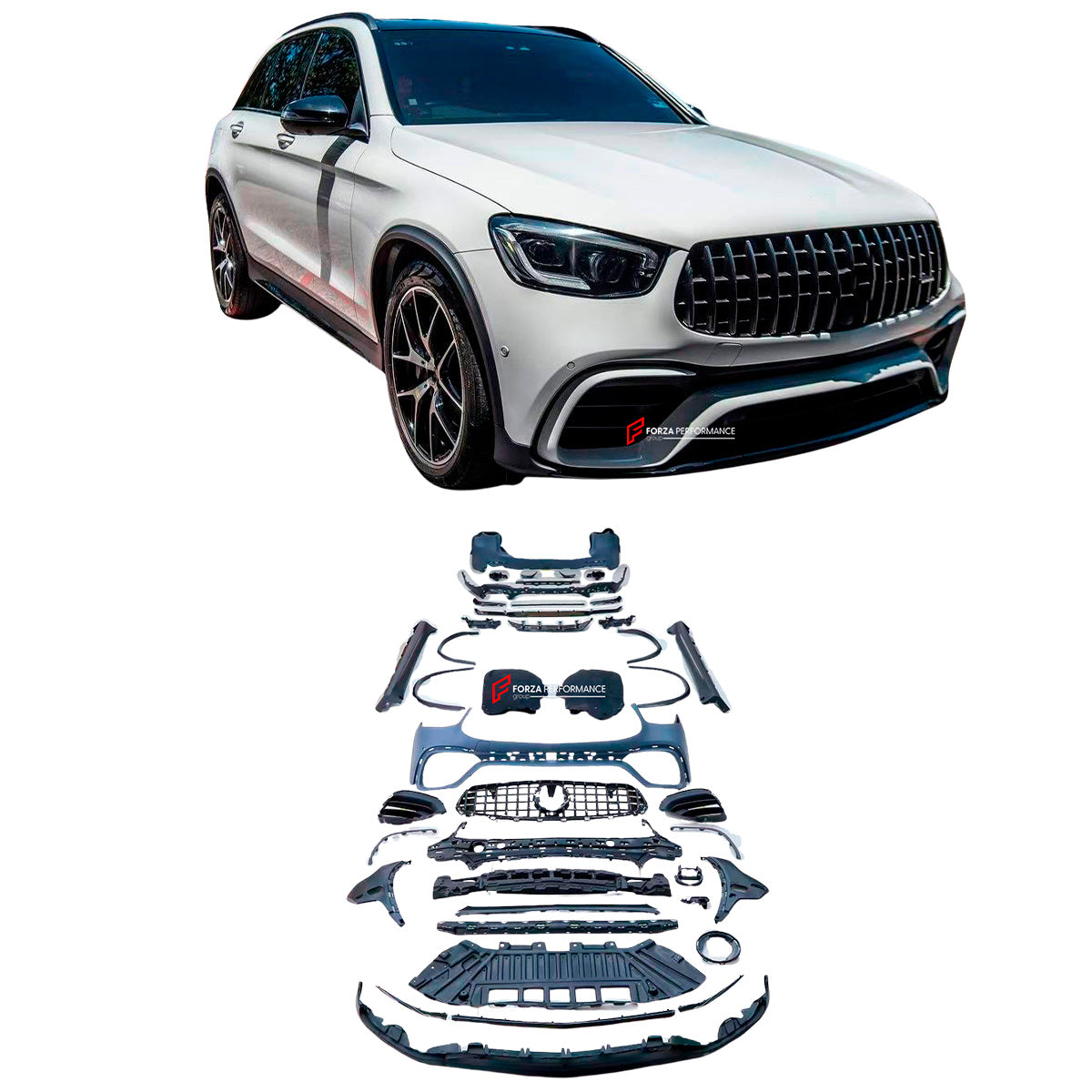 CONVERSION BODY KIT for MERCEDES BENZ GLC X253 2020 - 2022 UPGRADE to GLC 63S FACELIFT

Set includes:
Front Bumper Assembly
Front Grille
Side Fender Flares
Side Skirts
Rear Bumper Assembly
Exhaust Tips

Material: Plastic

Note: Professional installation is required