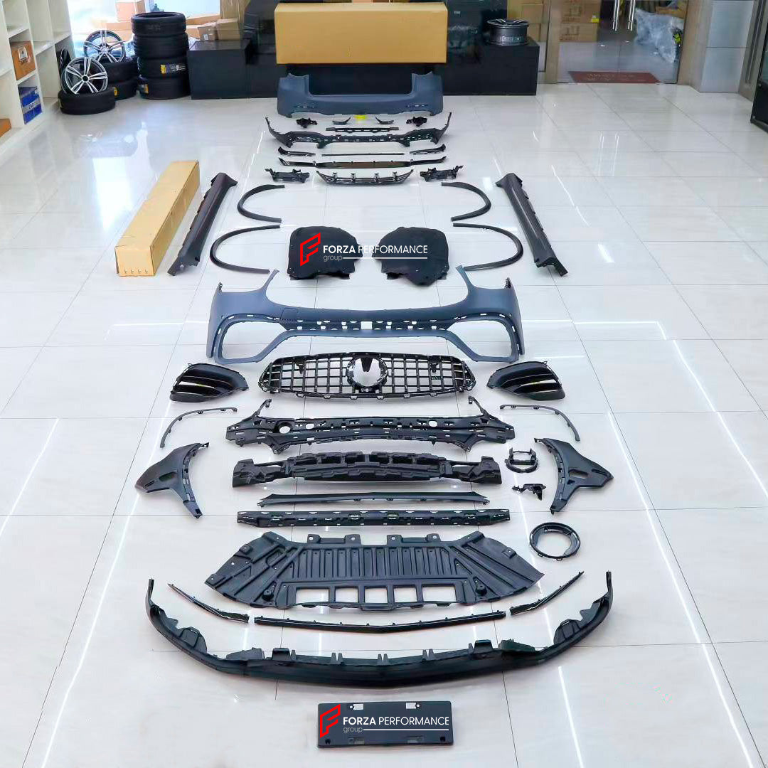 CONVERSION BODY KIT for MERCEDES BENZ GLC X253 2020 - 2022 UPGRADE to GLC 63S FACELIFT

Set includes:
Front Bumper Assembly
Front Grille
Side Fender Flares
Side Skirts
Rear Bumper Assembly
Exhaust Tips

Material: Plastic

Note: Professional installation is required