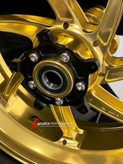 We manufacture premium quality forged motorcycle wheels rims for S1000RR M1000RR in any design, size, color.

Wheel sizes (motorcycle spec):

Front: 3.5 x 17

Rear: 6 x 17

Weight:

Front: 4.35 kg (9.59 lbs)

Rear: 4.85 kg (10.69lbs)

Finishing: Gloss Gold

Forza Performance Group engineers and manufactures each forged motorcycle wheel individually per order. This ensures precise fitment, uncompromised strength, and unique styling. Whether for racing, touring, or daily use — our wheels are built for both pe