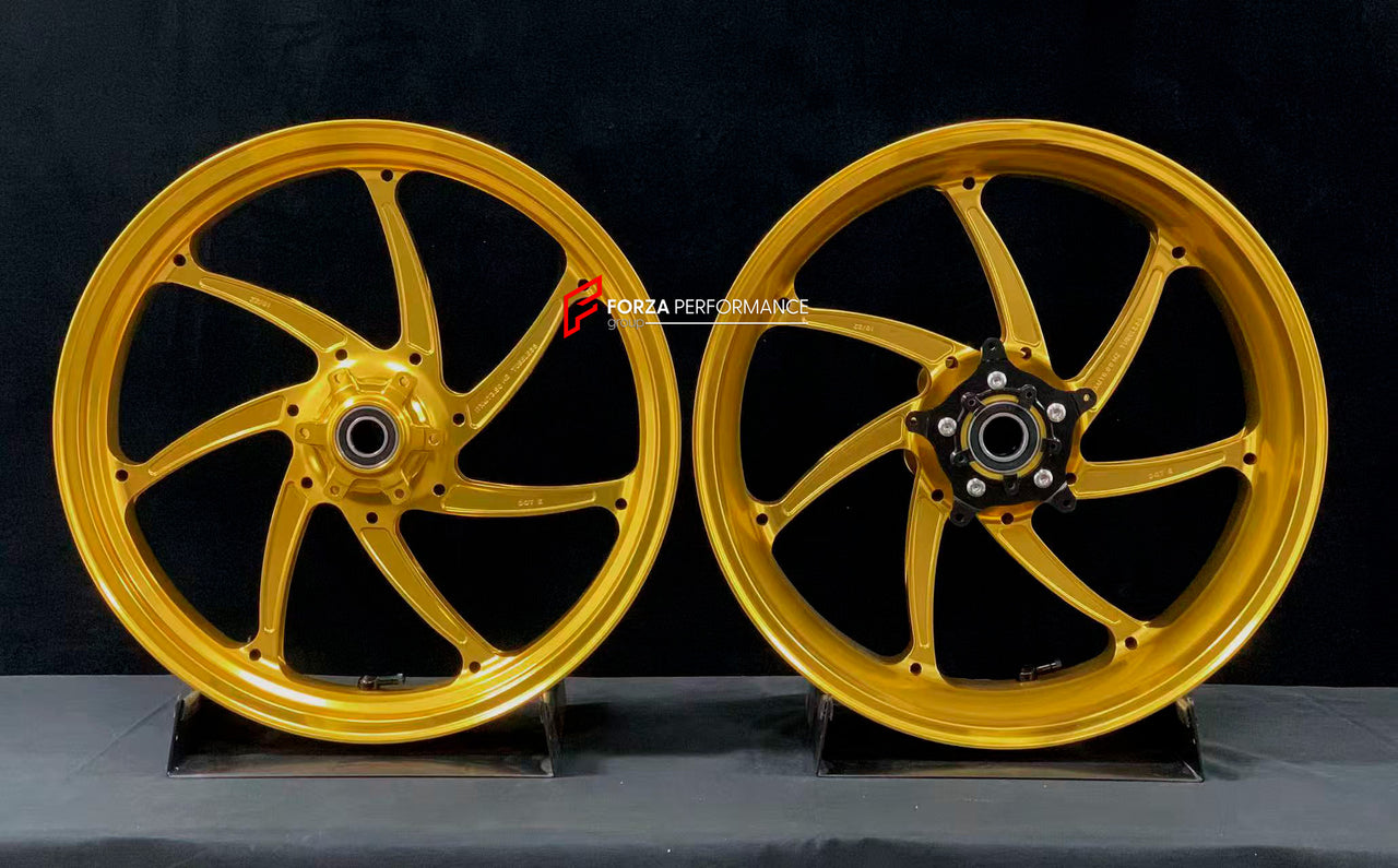 We manufacture premium quality forged motorcycle wheels rims for BMW S1000RR M1000RR in any design, size, color.

Wheel sizes (motorcycle spec):

Front: 3.5 x 17

Rear: 6 x 17

Weight:

Front: 3.6 kg (7.94 lbs)

Rear: 4.45 kg (9.81 lbs)

Finishing: Gloss Gold

Forza Performance Group engineers and manufactures each forged motorcycle wheel individually per order. This ensures precise fitment, uncompromised strength, and unique styling. Whether for racing, touring, or daily use — our wheels are built for both