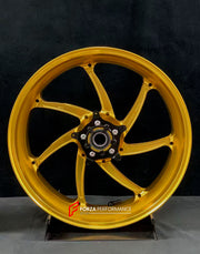 We manufacture premium quality forged motorcycle wheels rims for BMW S1000RR M1000RR in any design, size, color.

Wheel sizes (motorcycle spec):

Front: 3.5 x 17

Rear: 6 x 17

Weight:

Front: 3.6 kg (7.94 lbs)

Rear: 4.45 kg (9.81 lbs)

Finishing: Gloss Gold

Forza Performance Group engineers and manufactures each forged motorcycle wheel individually per order. This ensures precise fitment, uncompromised strength, and unique styling. Whether for racing, touring, or daily use — our wheels are built for both
