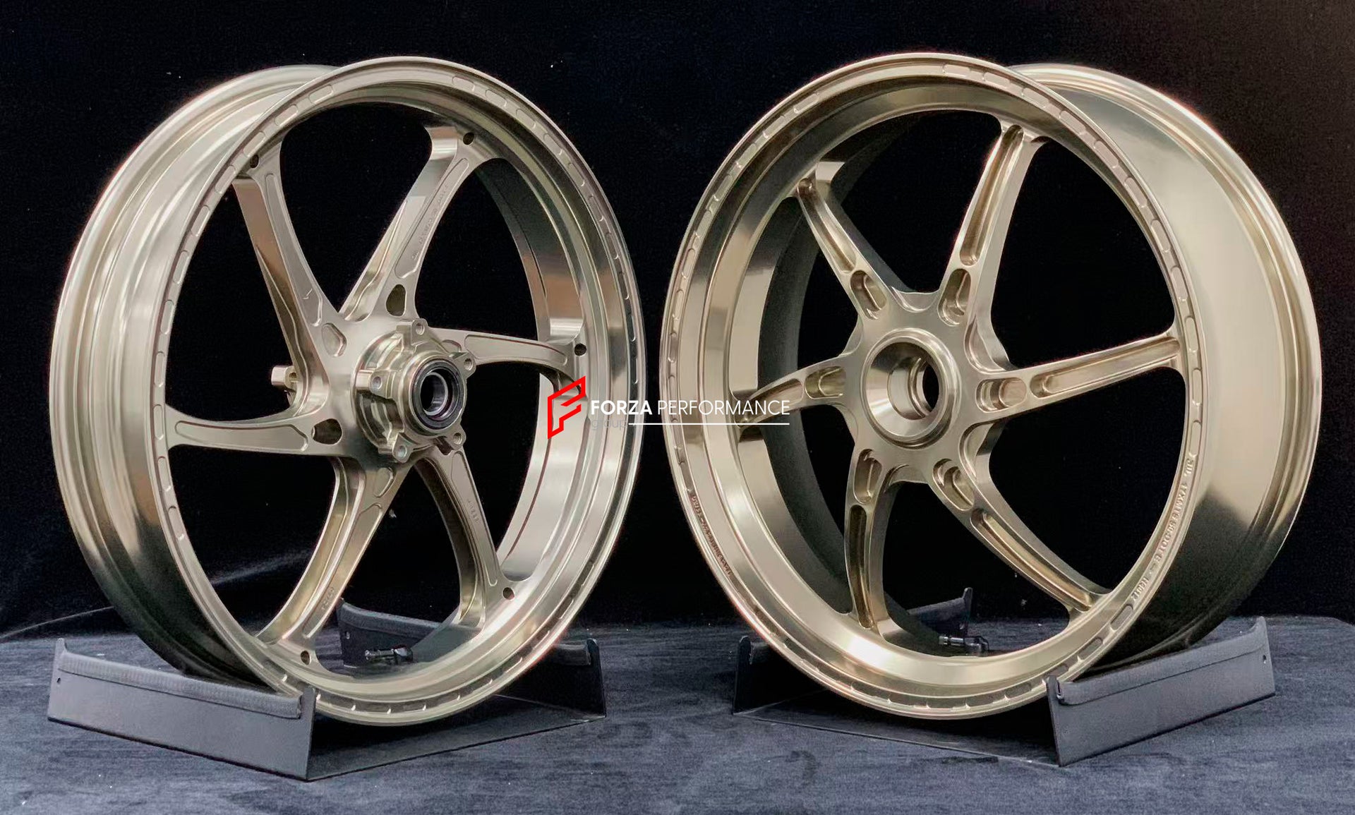 We manufacture premium quality forged motorcycle wheels rims for DUCATI HYPERMOTARD 698 MONO 950 950 RVE 950 SP in any design, size, color.

Wheel sizes (motorcycle spec):

Front: 3.5 x 17

Rear: 5.5 x 17

Weight:

Front: 3.3 kg (7.27 lbs)

Rear: 3.75 kg (8.27 lbs)


Finishing: Satin light gold

Forza Performance Group engineers and manufactures each forged motorcycle wheel individually per order. This ensures precise fitment, uncompromised strength, and unique styling. Whether for racing, touring, or daily