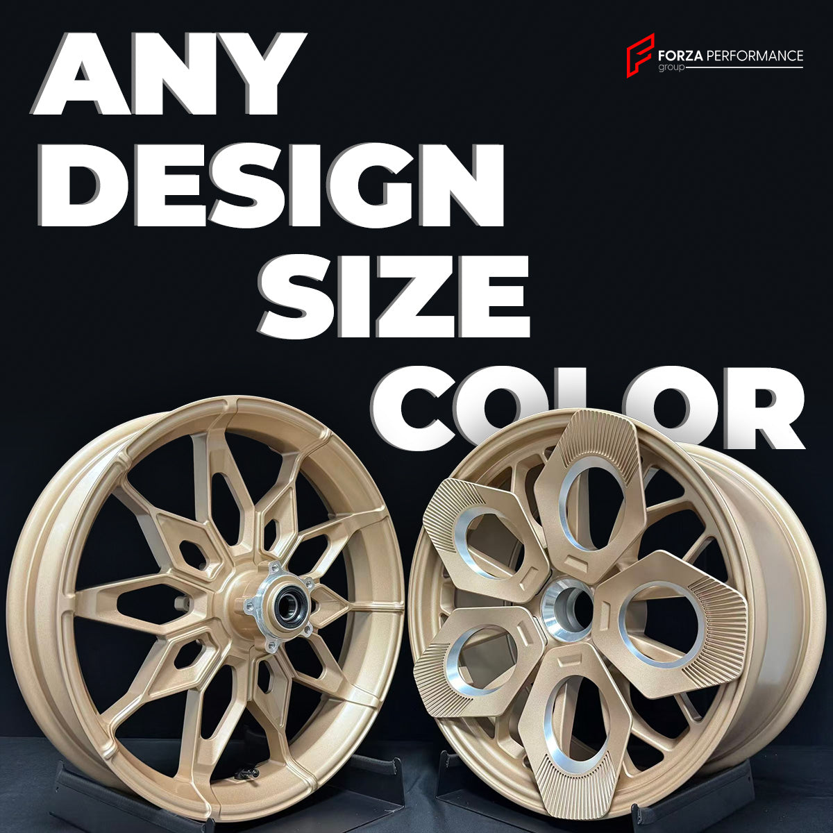 We manufacture premium quality forged motorcycle wheels rims in any design, size, color.

Wheel sizes (motorcycle spec): Any

Finishing: Any

Forza Performance Group engineers and manufactures each forged motorcycle wheel individually per order. This ensures precise fitment, uncompromised strength, and unique styling. Whether for racing, touring, or daily use — our wheels are built for both performance and design.

Advantages of Forza Performance Group forged wheels:
Our wheels are optimized for your motorc