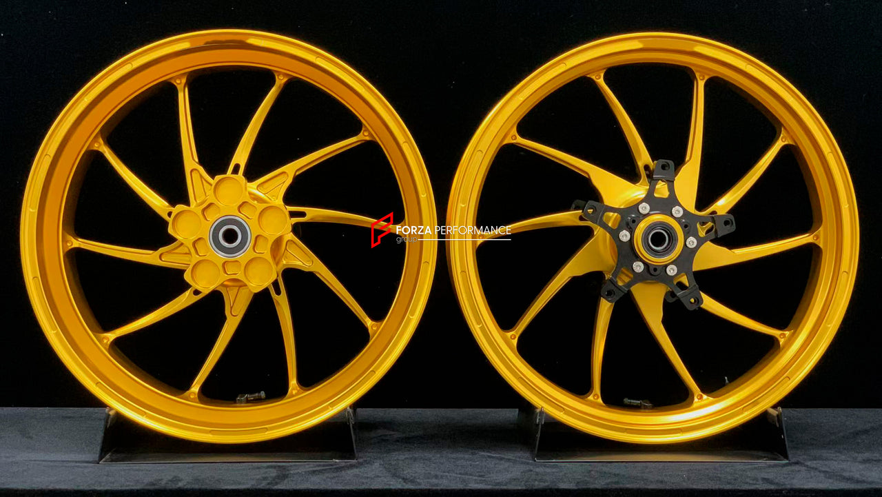 We manufacture premium quality forged motorcycle wheels rims for KAWASAKI ZX4R ZX4RSE in any design, size, color.

Wheel sizes (motorcycle spec):

Front: 3.5 x 17

Rear: 4.5 x 17

Weight:

Front: 5.05 kg (11.13 lbs)

Rear: 5.05 kg (11.13 lbs)


Finishing: Satin Gold

Forza Performance Group engineers and manufactures each forged motorcycle wheel individually per order. This ensures precise fitment, uncompromised strength, and unique styling. Whether for racing, touring, or daily use — our wheels are built f