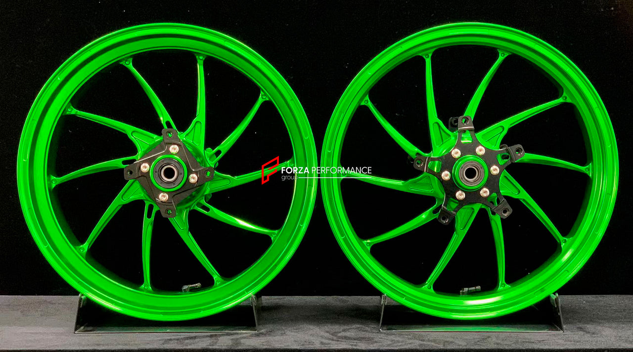 We manufacture premium quality forged motorcycle wheels rims for KAWASAKI ZX4R ZX4RSE in any design, size, color.
Wheel sizes (motorcycle spec):
Front: 3.5 x 17
Rear: 4.5 x 17
Weight:
Front: 5.05 kg (11.13 lbs)
Rear: 5.2 kg (11.46 lbs)
Finishing: Gloss Green
Forza Performance Group engineers and manufactures each forged motorcycle wheel individually per order. This ensures precise fitment, uncompromised strength, and unique styling. Whether for racing, touring, or daily use — our wheels are built f