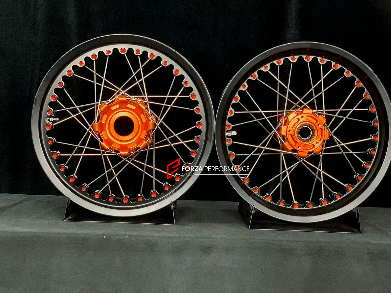 We manufacture premium quality forged motorcycle wheels rims for KTM 1290 in any design, size, color.
Wheel sizes (motorcycle spec):
Front: 3.5 x 17
Rear: 6 x 17
Weight:
Front: 3.9 kg (8.6 lbs)
Rear: 5.55 kg (12.24 lbs)
Finishing: Matt Black with KTM Orange
Forza Performance Group engineers and manufactures each forged motorcycle wheel individually per order. This ensures precise fitment, uncompromised strength, and unique styling. Whether for racing, touring, or daily use — our wheels are built fo