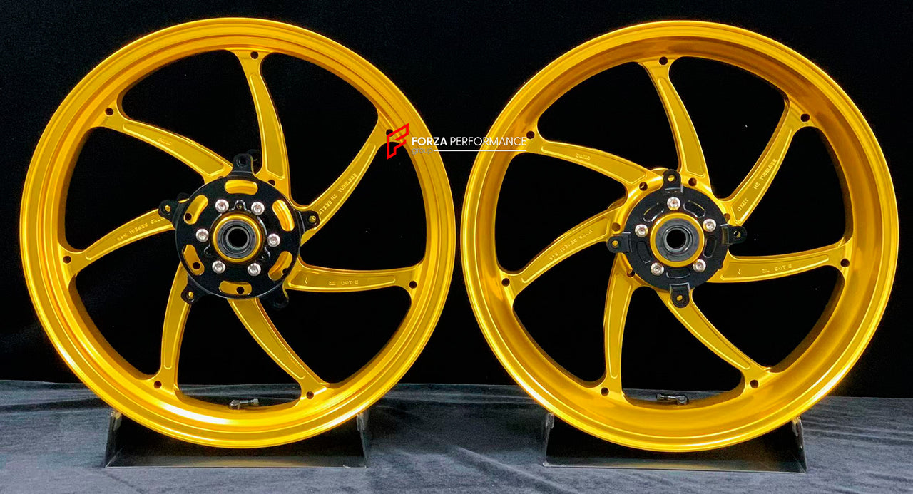 We manufacture premium quality forged motorcycle wheels rims for KAWASAKI NINJA Z900 SE Z900RS in any design, size, color.
Wheel sizes (motorcycle spec):
Front: 3.5 x 17
Rear: 5.5 x 17
Weight:
Front: 4.3 kg (9.48 lbs)
Rear: 4.8 kg (10.58 lbs)
Finishing: Gloss Gold
Forza Performance Group engineers and manufactures each forged motorcycle wheel individually per order. This ensures precise fitment, uncompromised strength, and unique styling. Whether for racing, touring, or daily use — our wheels are b