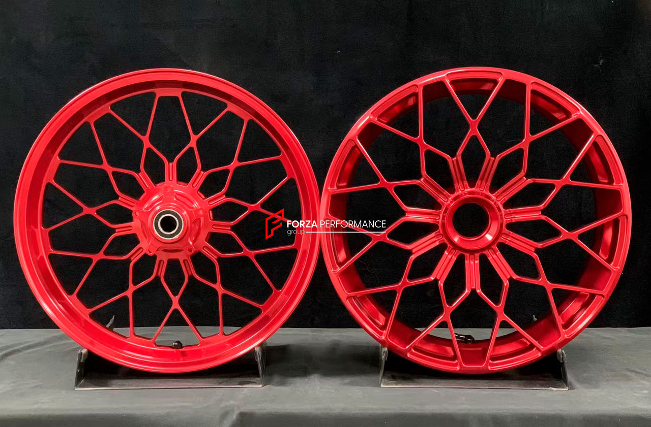 We manufacture premium quality forged motorcycle wheels rims for MV AGUSTA in any design, size, color.
Wheel sizes (motorcycle spec):
Front: 3.5 x 17
Rear: 5.5 x 17
Weight:
Front: 4.25 kg (9.37 lbs)
Rear: 4.9 kg (10.8 lbs)
Finishing Gloss Red
Forza Performance Group engineers and manufactures each forged motorcycle wheel individually per order. This ensures precise fitment, uncompromised strength, and unique styling. Whether for racing, touring, or daily use — our wheels are built for both performa