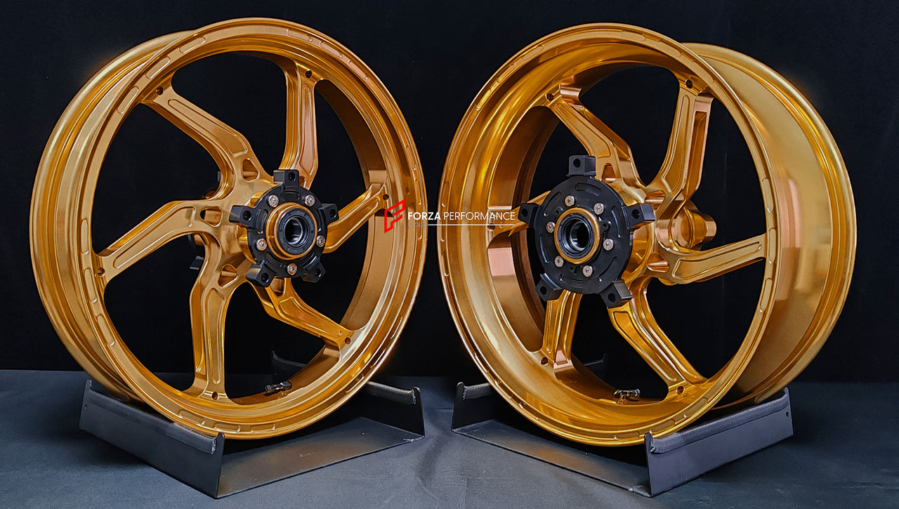 We manufacture premium quality forged motorcycle wheels rims for SUZUKI HAYABUSA in any design, size, color.

Wheel sizes (motorcycle spec):

Front: 3.5 x 17

Rear: 6 x 17

Weight:

Front: 4.65 kg (10.25 lbs)

Rear: 5.4 kg (11.9 lbs)


Finishing: Gloss Gold

Forza Performance Group engineers and manufactures each forged motorcycle wheel individually per order. This ensures precise fitment, uncompromised strength, and unique styling. Whether for racing, touring, or daily use — our wheels are built for both p