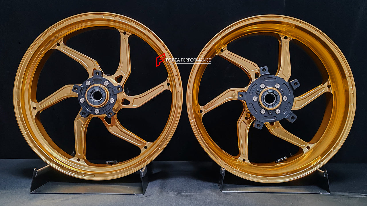 We manufacture premium quality forged motorcycle wheels rims for SUZUKI HAYABUSA in any design, size, color.

Wheel sizes (motorcycle spec):

Front: 3.5 x 17

Rear: 6 x 17

Weight:

Front: 4.65 kg (10.25 lbs)

Rear: 5.4 kg (11.9 lbs)


Finishing: Gloss Gold

Forza Performance Group engineers and manufactures each forged motorcycle wheel individually per order. This ensures precise fitment, uncompromised strength, and unique styling. Whether for racing, touring, or daily use — our wheels are built for both p