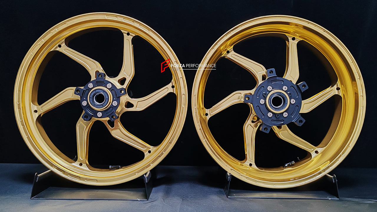 We manufacture premium quality forged motorcycle wheels rims for SUZUKI HAYABUSA in any design, size, color.
Wheel sizes (motorcycle spec):
Front: 3.5 x 17
Rear: 6 x 17
Weight:
Front: 4.65 kg (10.25 lbs)
Rear: 5.4 kg (11.9 lbs)
Finishing: Satin Gold
Forza Performance Group engineers and manufactures each forged motorcycle wheel individually per order. This ensures precise fitment, uncompromised strength, and unique styling. Whether for racing, touring, or daily use — our wheels are built for both p